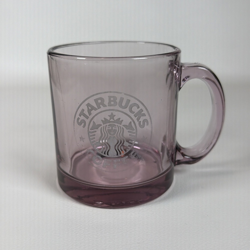 Vintage Starbucks Coffee Mug 1990s Clear Rose Pink Glass Etched Logo Made in USA